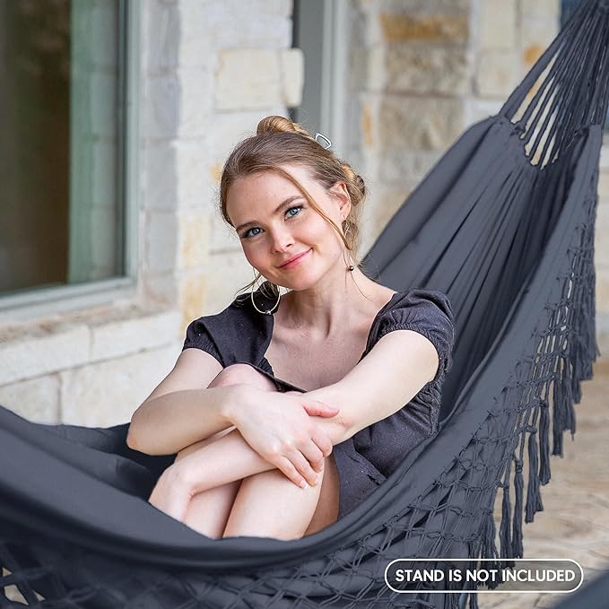 SUNCREAT Extra Large Double Hanging Hammock for Camping Hammocks for Outside 2 Person Heavy Duty Dark Gray with Tassels
