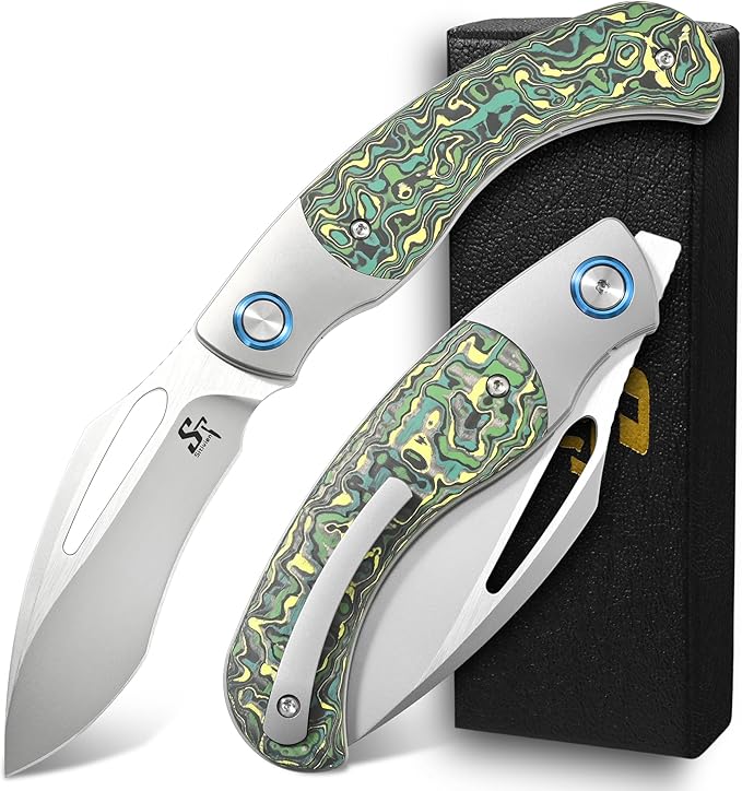 Sitivien ST270 Folding Knife M390 Steel Blade Titanium &amp Carbon Fiber Handle Knife with Pocket Clip for Men Women Outdoor Camping Hiking Survival(Green)
