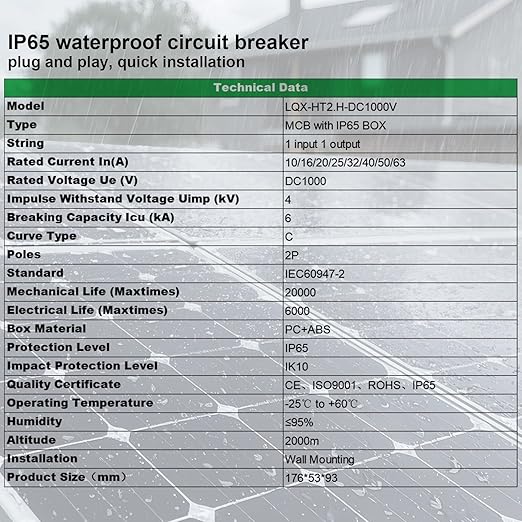 Solar Disconnect Switch 20A DC1000V Circuit Breaker 2P with PV Connector and IP65 Small Breaker Box and Wall Hooks for Outdoor PV Stystem Battery PV Array MCB