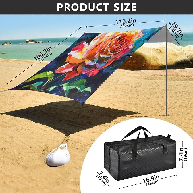 ALAZA Rainbow Rose Flower Painting Beach Tent Sun Shelter UPF50+ Protection Beach Shade Canopy w/ 4 Sandbags for Outdoor Camping Fishing Backyard Fun Picnic 10x9 ft