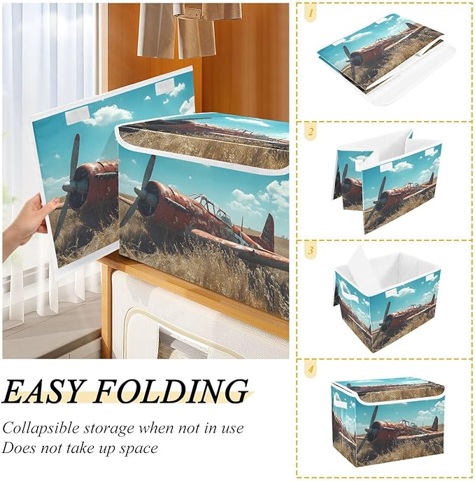 AIXIWAWA Lidded Storage Cube (Retro Plane) Fabric Foldable Closet Bins with Flip Lid and Handles Organizer Basket Container 16.5 x 12.6 x 11.8 IN