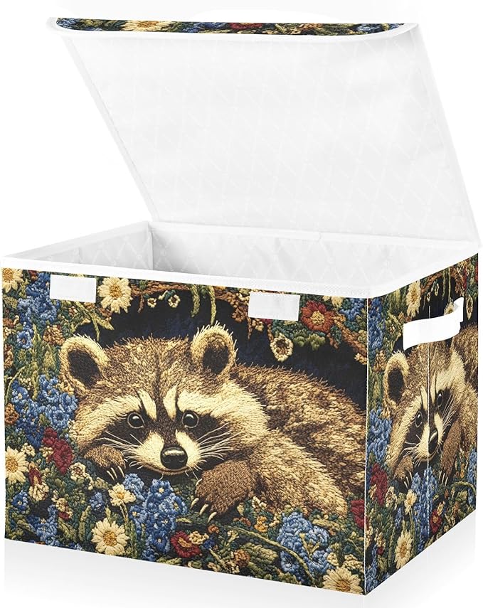 Storage Cube with Lid Raccoon with Floral Print 16.5×12.6×11.8 IN Collapsible Large Capacity Foldable Storage Basket Bin Organizer