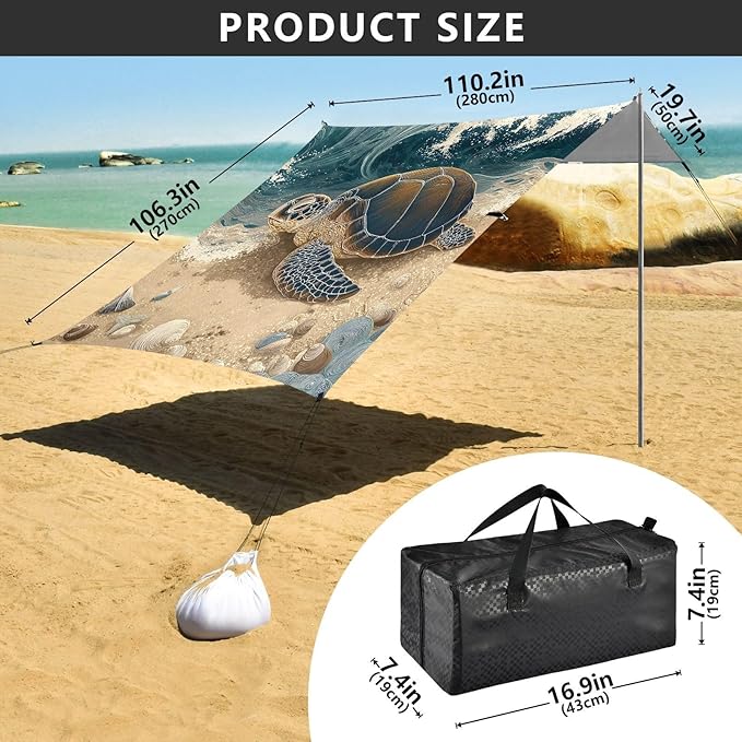 ALAZA Sea Turtle Beach Beach Tent Sun Shelter UPF50+ Protection Beach Shade Canopy w/ 4 Sandbags for Outdoor Camping Fishing Backyard Fun Picnic 10x9 ft