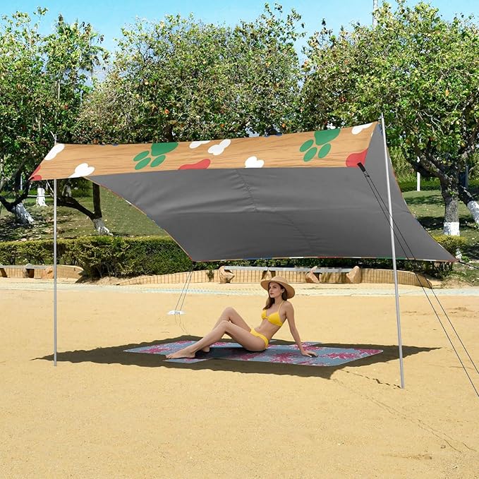 xigua Paw Print Beach Tent Sun Shelter with Carrying Bag - Silver Coated Oxford Fabric Beach Canopy for Beach Camping Fishing - Includes Windproof Ropes Sandbags &amp Stakes