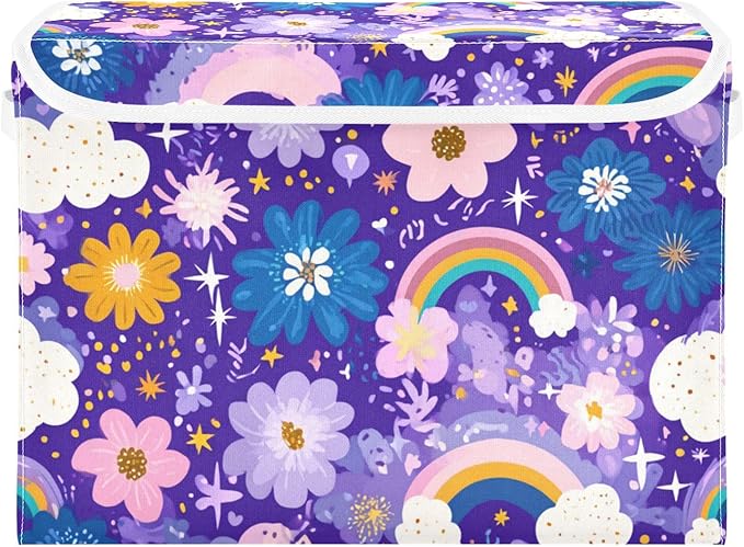 Collapsible Storage Bins with Lids Decorative Fabric Storage Cubes Closet Organizer and Storage Basket Boxes Containers for Clothes Box Chest Nursery Folding Rectangle Purple Rainbows Stars