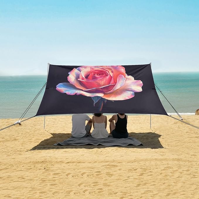 ALAZA Pink Rose Flower Romantic Beach Tent Sun Shelter UPF50+ Protection Beach Shade Canopy w/ 4 Sandbags for Outdoor Camping Fishing Backyard Fun Picnic 10x9 ft