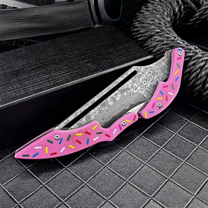 7.3 Damascus Steel Folding Pocket Knife Doughnut Pink Nylon Fiber Handle Mechanical Lock Outdoor EDC Knife for Camping Hiking Fishing Gift