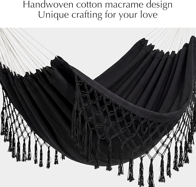 PNAEUT Handmade Tassel Hammocks Double Hammock with Stand for Outside Indoor Outdoor Max 450 lbs Capacity Pillow &amp Storage Bag Included (Black)
