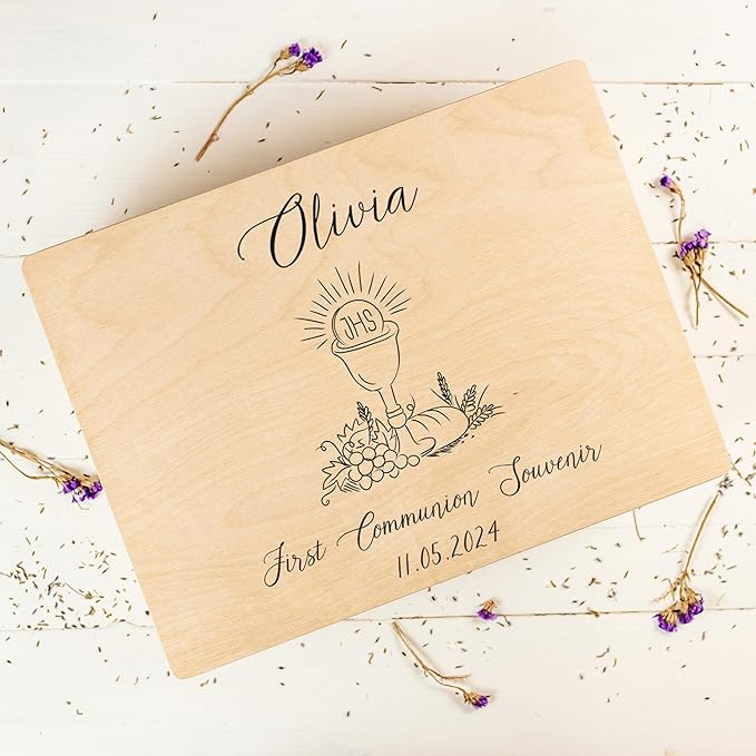 Creative Deco Personalized Wooden Storage Box Communion Cup | 11.8 x 7.87 x 5.51 in (+-0.5) | Multiple Choice | Hinged Lid Handle Engraving | Unpainted Gift Box | UNSANDED Keepsake Souvenir Chest