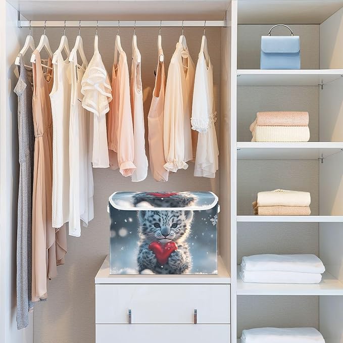 AIXIWAWA Lidded Storage Cube (Snow Leopard Heart) Fabric Foldable Closet Bins with Flip Lid and Handles Organizer Basket Container 16.5 x 12.6 x 11.8 IN