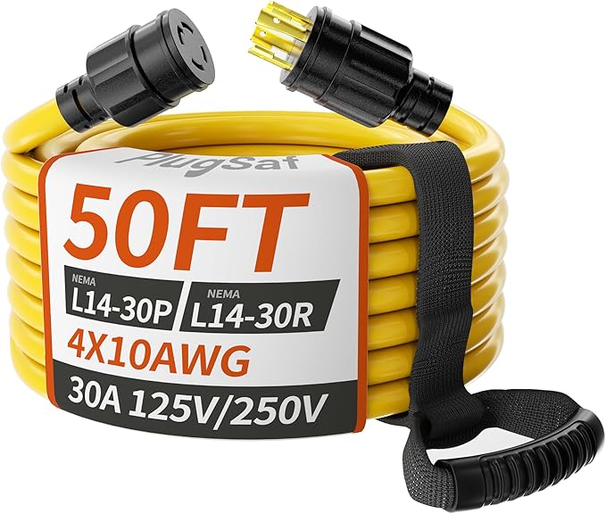 PlugSaf 50FT 30 Amp Generator Extension Cord 4 Prong NEMA L14-30P/L14-30R 10 Gauge STW 125/250V Twist Lock Generator Cord Heavy Duty Yellow ETL Listed