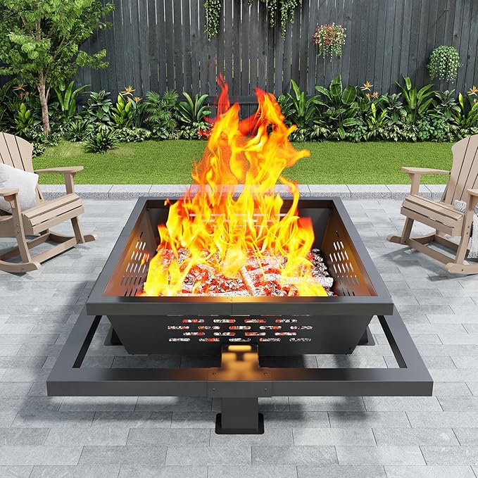 36 inch fire Pit Square Outdoor Fire Pit with Poker Wood Burning Fire Pit for Camping Backyard Patio