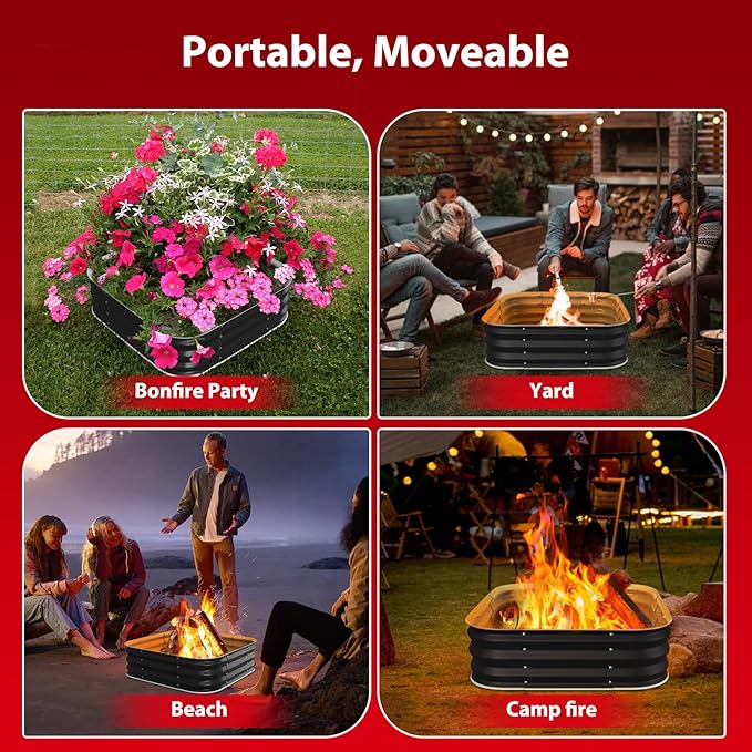 Height 11.5 Inch Square Galvanized Steel Fire Pit for Outside Heavy Duty Steel Fire Pit In-Ground for Backyard Camping Bonfire Flower Raised Garden Bed for Garden (4X4X1 FT)