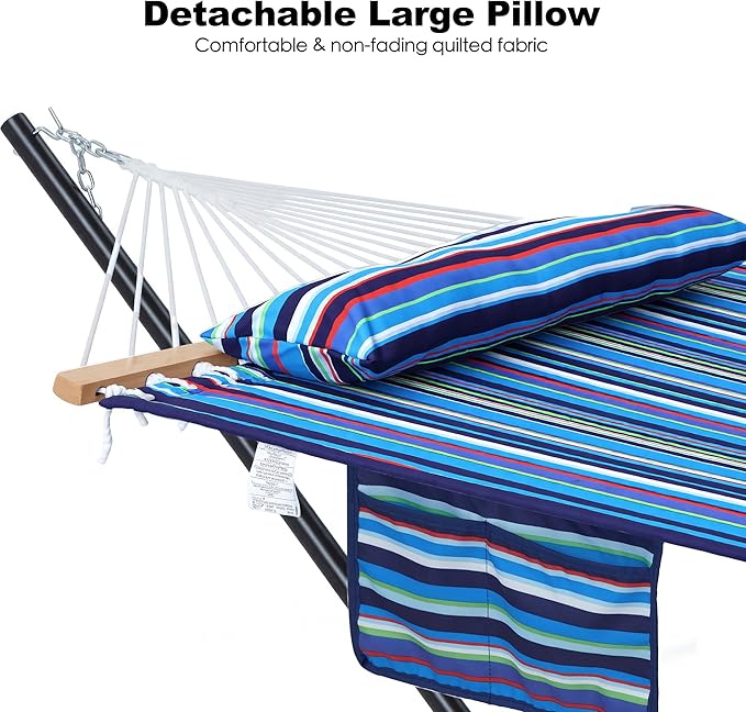 GAFETE 2 Person Hammock with Stand for Outside Heavy Duty Steel Stand Double 55inch Hammocks Large Removable Pillow Storage Bags Max 475 lbs Capacity (Blaze Blue Stripe)