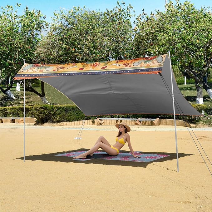 Bohemian Boho Vintage Mandala Style Flower Foldable Beach Canopy UPF50 Water-Resistant Portable Sun Shelter with Sturdy Poles Sandbags and Shovel for Backyard and Camping