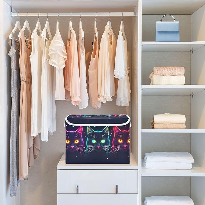 Storage Cube with Lid Cats Neon Print 16.5×12.6×11.8 IN Collapsible Large Capacity Foldable Storage Basket Bin Organizer