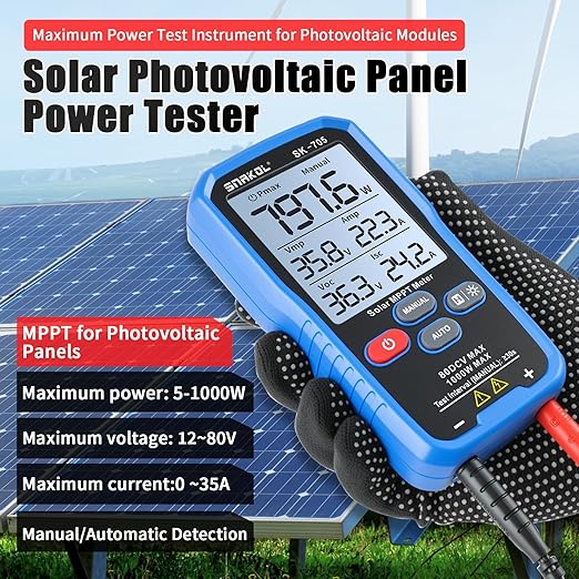 Solar MPPT Power Tester for Photovoltaic Modules 1000 W 80 V DC Max 35 A Automatic &amp Manual Power Measurement Voc Isc Vmp Pmax 3.2 LCD with Backlight Portable PV Tester (SK-705)