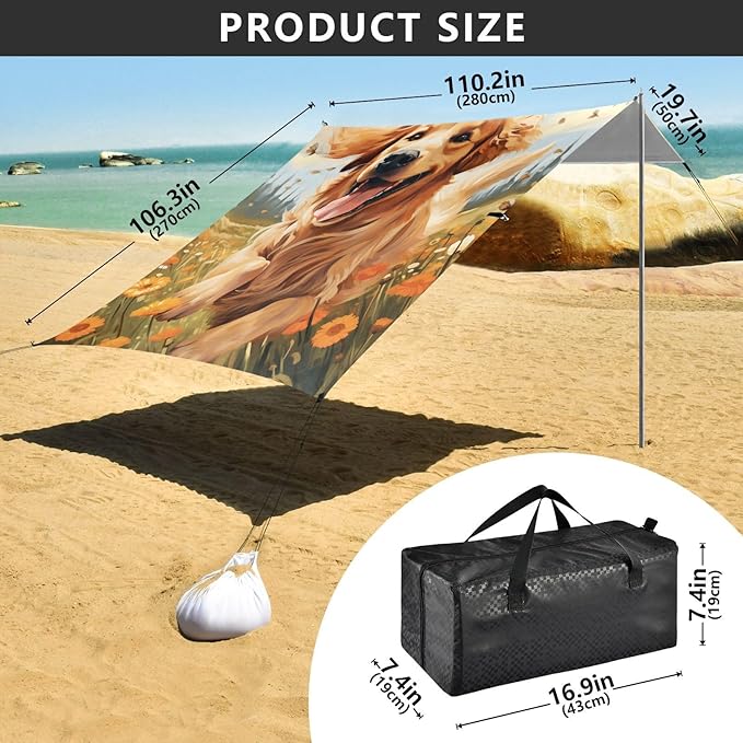 ALAZA Happy Golden Retriever in Flower Field Beach Tent Sun Shelter Portable Canopy Sunshade for Outdoor Camping Picnics Backyard Fun 10x9 ft