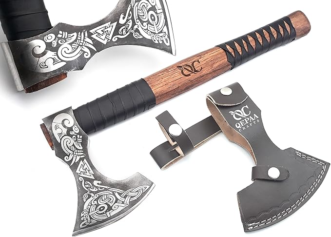 Viking Axe – 19 Inch Rosewood Handle Camping with Leather Sheath Throwing Axes and Tomahawks Wood Splitting Axe Bushcraft - Gift for Father’s Day Husband (Erik) BLACK
