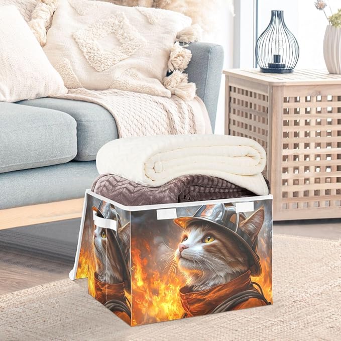AIXIWAWA Lidded Storage Cube (Firefighter Cats) Fabric Foldable Closet Bins with Flip Lid and Handles Organizer Basket Container 16.5 x 12.6 x 11.8 IN