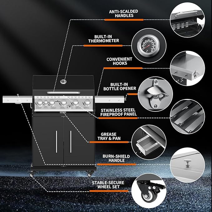 Propane Gas Grill 5+1 Stainless Steel Barbecue Grill with Infrared Side Burner for Outdoor Cooking