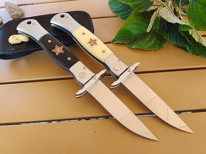 Russian Finka-NKVD KGB Folding Pocket Knife3.74 Mirror Polished X12M Steel BladeAviation Aluminum Inlaid Resin HandleCowhide Sheath (Beige handle)