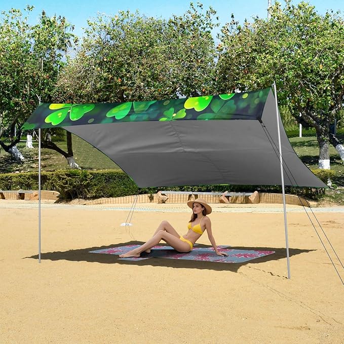 St Patrick's Day Clovers Beach Tent Sun Shelter Set UPF50+ UV Protection 10.5 x 9.19 FT Camping Shade Canopy with Sandbags Sand Anchors Carrying Bag and Others