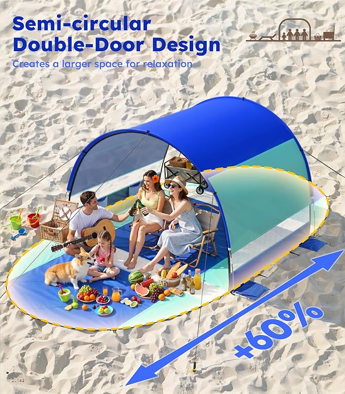 Rhino Valley Beach Tent with Double Zippered Doors Beach Tent Sun Shelter with UPF50+ UV Protection Beach Canopy Portable Storage Bag for Beach Camping Fishing for 3-4 People