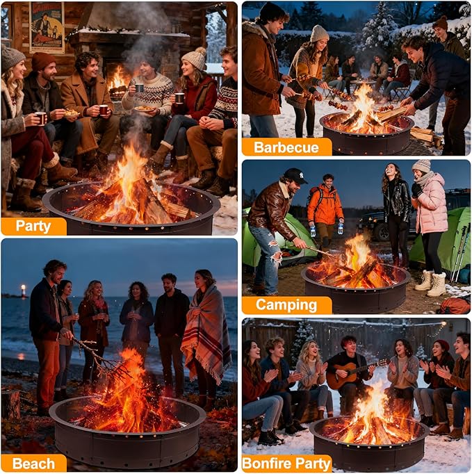 36 Inch Fire Pit Ring Large Outdoor Campfire Pit for Patio Backyard Garden Smokeless Steel Firepit with Air Vent for Efficient Burning &amp Anti-Rust Coating Brown Steel