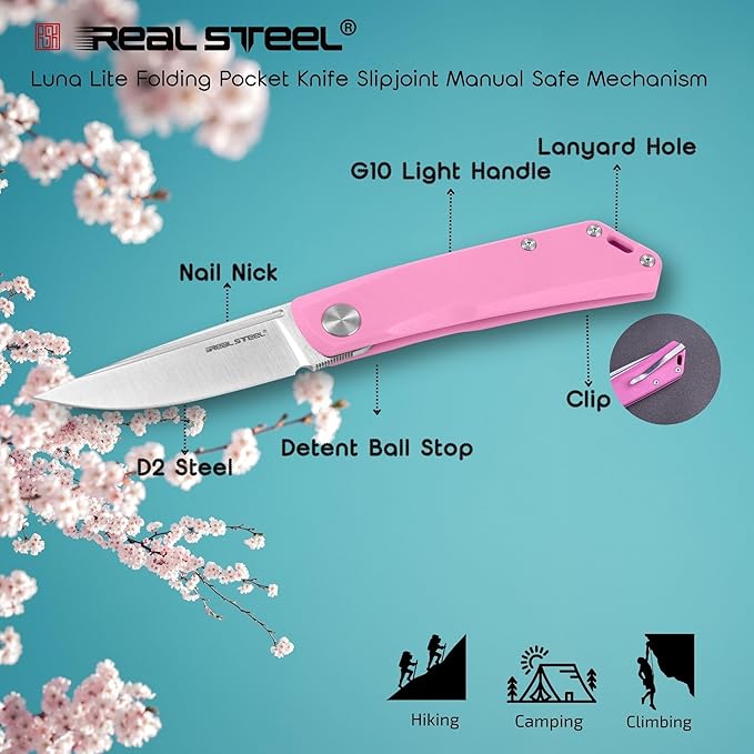 REALSTEEL Luna Lite Folding KnifePocket KnivesSlipjointNail Nick2.8 D2 BladeG10 Handle1.9ozEDC Indoor OutdoorCampingHikingDaily UseGift for Men Women(Pink G10)