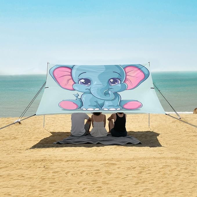 ALAZA Cute Baby Elephant Beach Tent Sun Shelter UPF50+ Protection Beach Shade Canopy w/ 4 Sandbags for Outdoor Camping Fishing Backyard Fun Picnic 10x9 ft