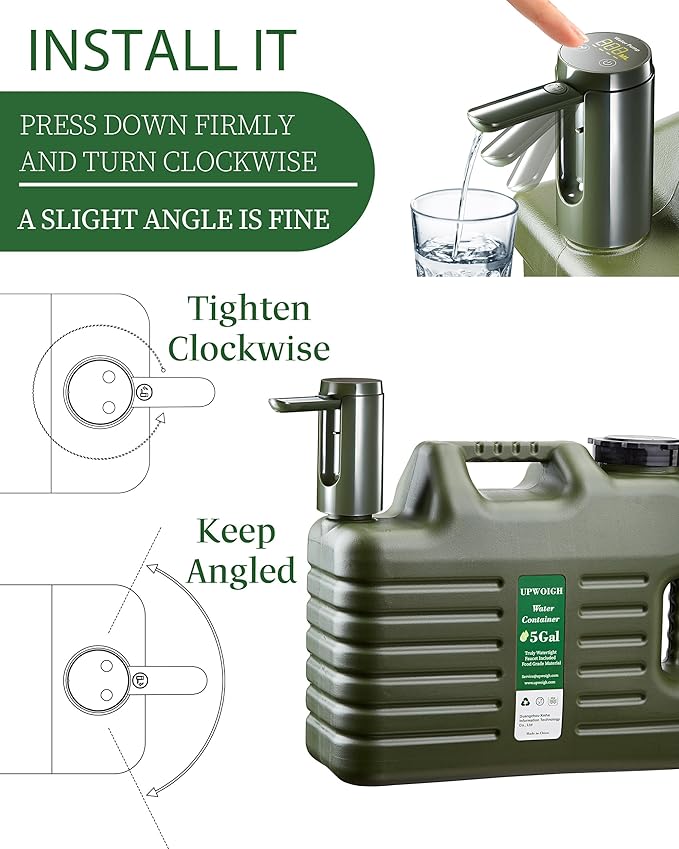 Portable 5 Gallon Water Jug with Automatic Touch Control PumpTruly No Leakage Water Container with SpigotType-C Rechargeable Military Green Water Pump Gear for Outdoors Camping Hiking