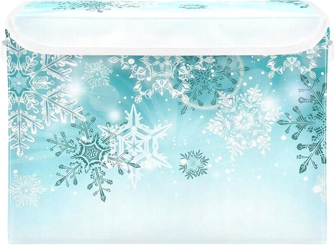 Senya Collapsible Storage Bins with Lids Silver Winter Teal Turquoise Snowflakes Christmas Storage Boxes Clothes Baskets for Organizing