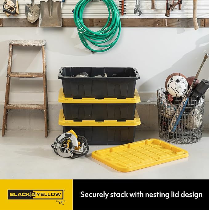 CX BLACK &amp YELLOW 15-Gallon Heavy Duty Tough Storage Container &amp Snap-Tight Lid (9.5H x 20.6W x 30.6D) Weather-Resistant Design and Stackable Organization Tote [3 Pack]