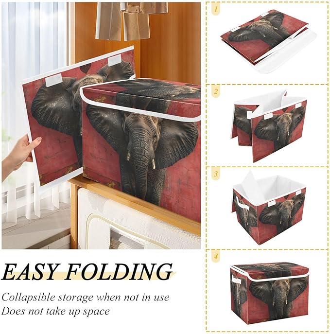 AIXIWAWA Lidded Storage Cube (Heart Elephant) Fabric Foldable Closet Bins with Flip Lid and Handles Organizer Basket Container 16.5 x 12.6 x 11.8 IN