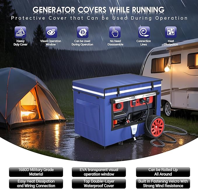 Generator Covers While Running 32x24x24 Inches Generator Running Covers1680+400D Double Layer Portable Heavy Duty Dustproof/Waterproof Generator Covers for 5000W-10000W Frame Generators Blue