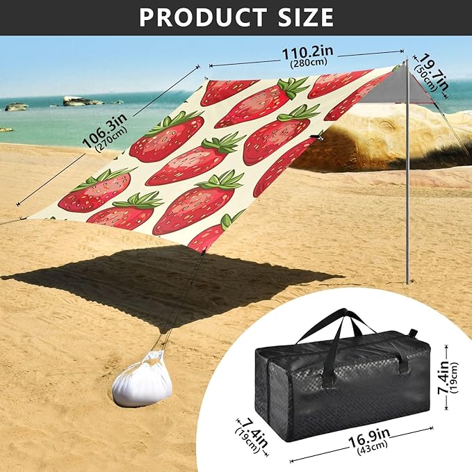 ALAZA Strawberry Seamless on Yellow Beach Tent Sun Shelter Portable Canopy Sunshade for Outdoor Camping Picnics Backyard Fun 10x9 ft