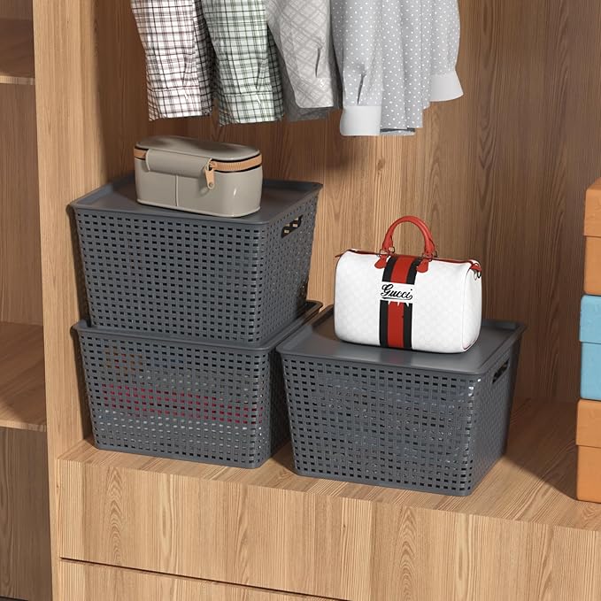 6 Packs Large Plastic Storage Basket Bin with Lid Tall Stackable Lidded Organizer Baskets for Desktops Closets Shelves Gray