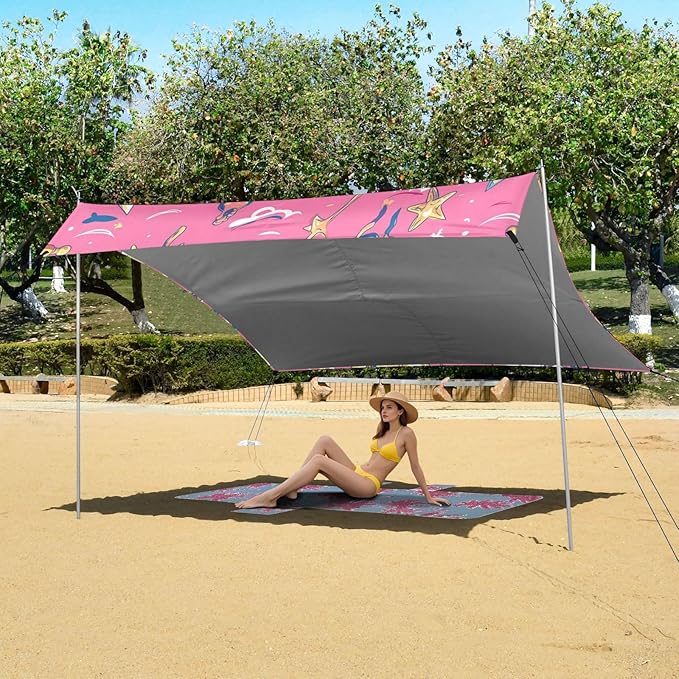 Hand Drawn Sea Ship Ocean Beach Tent UPF50 Waterproof Shade Sun Shelter with Sandbags Sand Shovel Poles for Camping Fishing Backyard Fun
