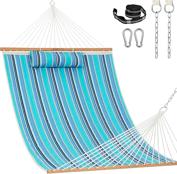 Lazy Daze Hammocks 12 FT Sunbrella Fabric Quilted Hammock Double Sunbrella Quilted Hammock with Spreader Bars &amp Pillow All Weather and Fade Resistant for Outdoor 450 lbs Capacity Dolce Oasis
