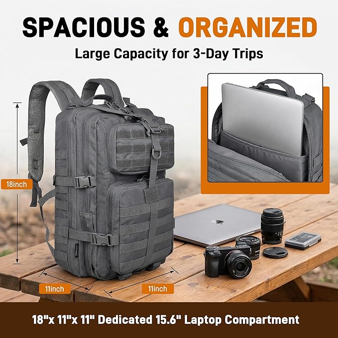 Military Tactical Backpack for Men Tactical Laptop Backpack with Molle Waterproof Army 3 Days Assault Pack &amp Bug Out Bag for Hiking (09-Gray)