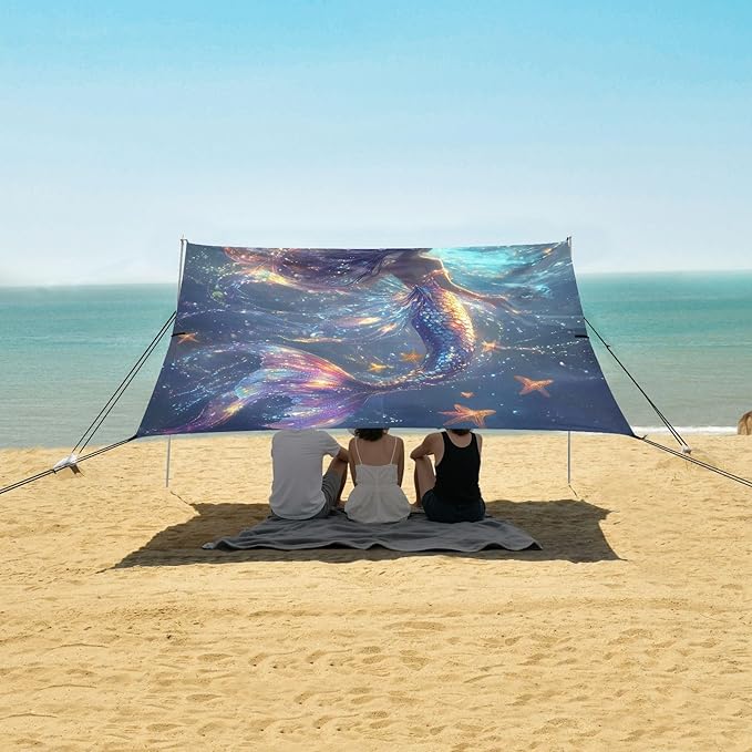 ALAZA Mermaid Starfish Beach Tent Sun Shelter UPF50+ Protection Beach Shade Canopy w/ 4 Sandbags for Outdoor Camping Fishing Backyard Fun Picnic 10x9 ft
