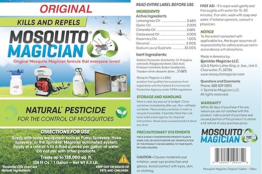 Mosquito Magician 1 Gallon Liquid Concentrate with a 2 Gallon Pump Up Sprayer - User-Friendly - Ideal for Yards Lawns Patios - Kills Mosquitoes Fleas Fire Ants - Includes 6 Natural Essential Oils
