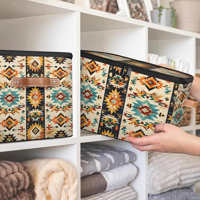 Boho Aztec Storage Bins with Zipper Aztec Western 2 Pack Lid Fabric Storage Boxes Home Cubes Baskets Clothes Organizer Container