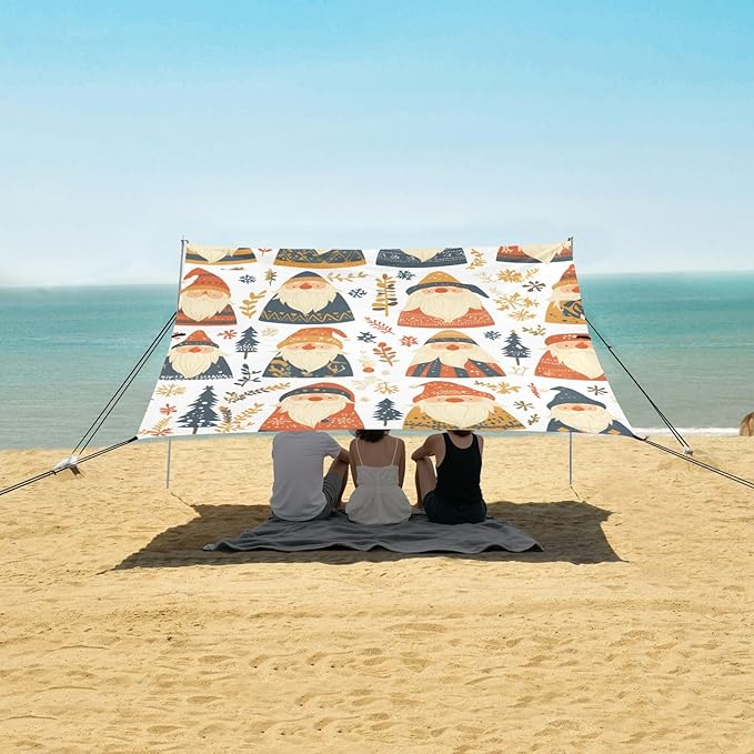 Christmas Card Funny Gnomes Scandinavian Flat Foldable Beach Canopy UPF50+ Waterproof Sun Shelter with Sand Shovel Sandbags for Family Trips Picnics &amp Camping