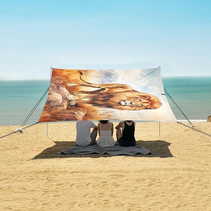 ALAZA Lion in Field Beach Tent Sun Shelter UPF50+ Protection Beach Shade Canopy w/ 4 Sandbags for Outdoor Camping Fishing Backyard Fun Picnic 10x9 ft