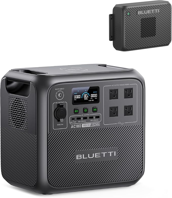 BLUETTI AC180 Portable Power Station &amp Charger 2 (Ships Separately) 1152Wh LFP Backup 1200W Alternator Charger for Solar Generator 2.4 H Full Charge via Car Ideal for Road Trips Off-grid Use
