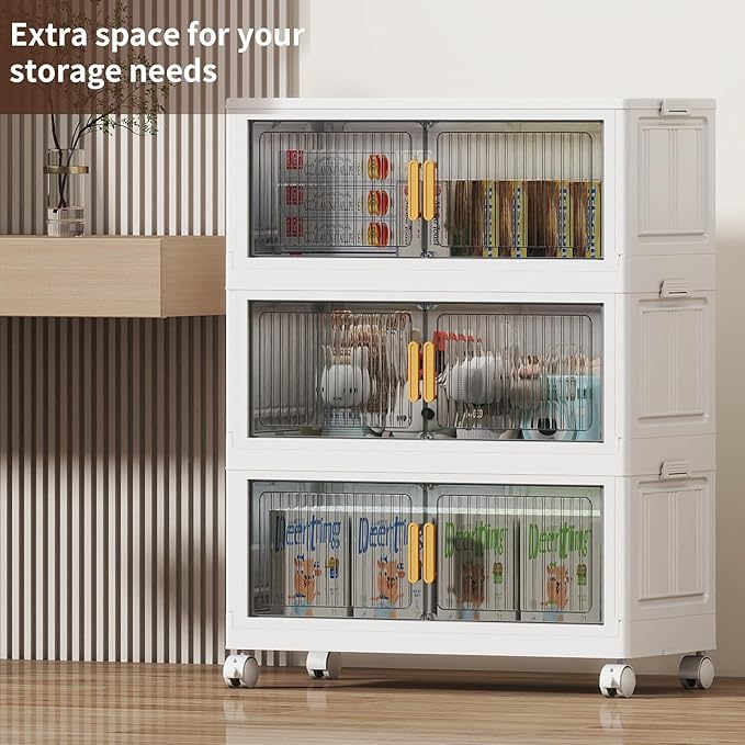 62 Gal Stackable Plastic Storage Bins with Lids 3 Tier Collapsible Closet Organizers and Storage with Wheels for Living RoomOfficeDorm 26.8 W x 14.4 D x 37 H