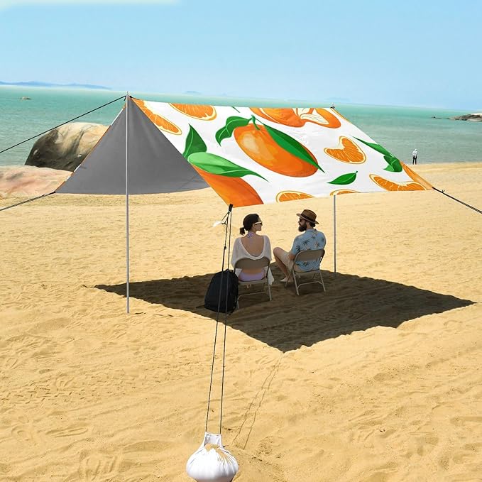 xigua Oranges Beach Tent Sun Shelter with Carrying Bag - Silver Coated Oxford Fabric Beach Canopy for Beach Camping Fishing - Includes Windproof Ropes Sandbags &amp Stakes