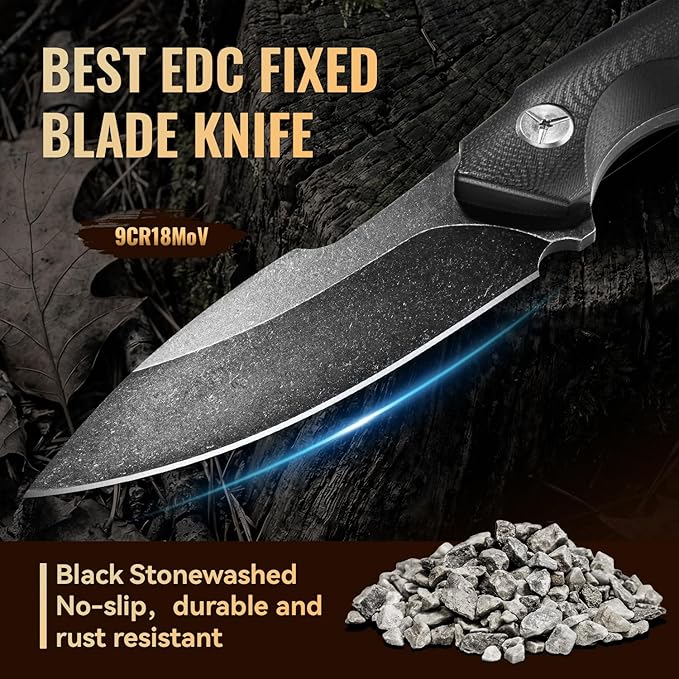 Emojoy Fixed Blade Knife with Sheath Black Stonewash Blade 4.33 Camping Knife with G10 Handle &amp Hidden Tool Full Tang Survival Knife for Camping Bushcraft - Includes Compass Whistle and Sheat